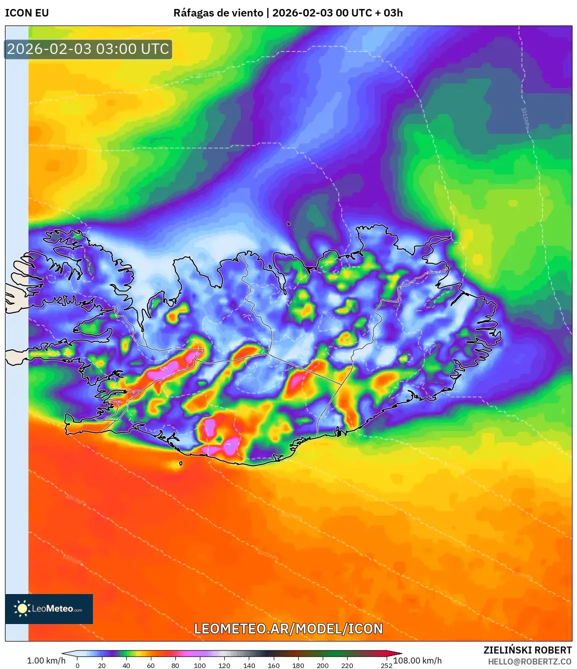ICON model - Islandia, Ráfagas de viento
