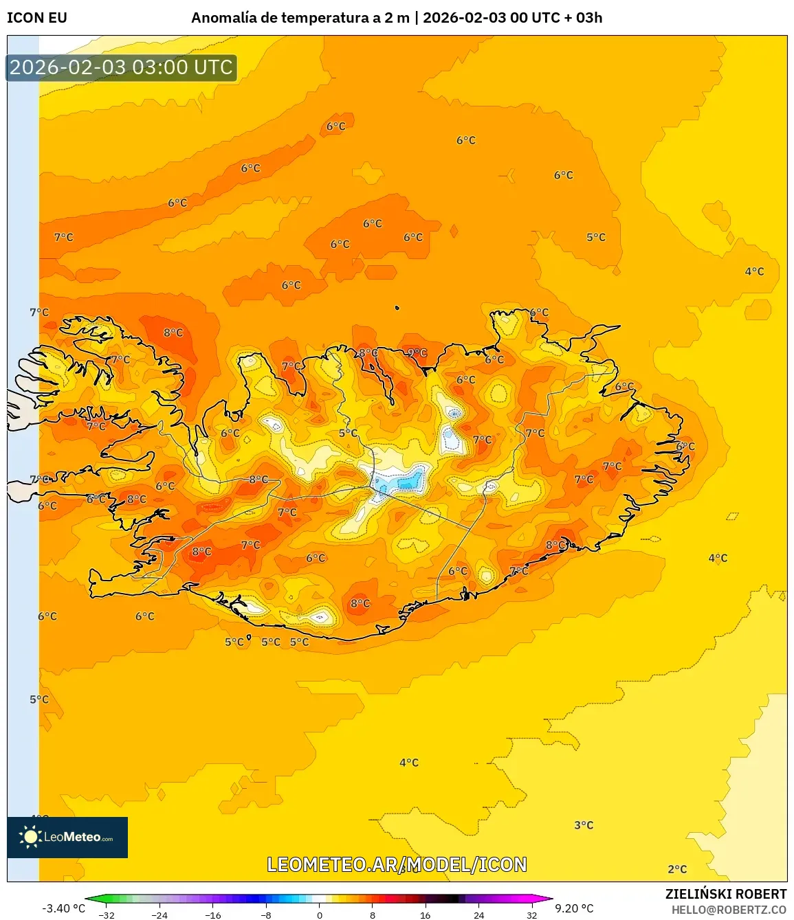 ICON model - Islandia, Anomalía de temperatura a 2 m