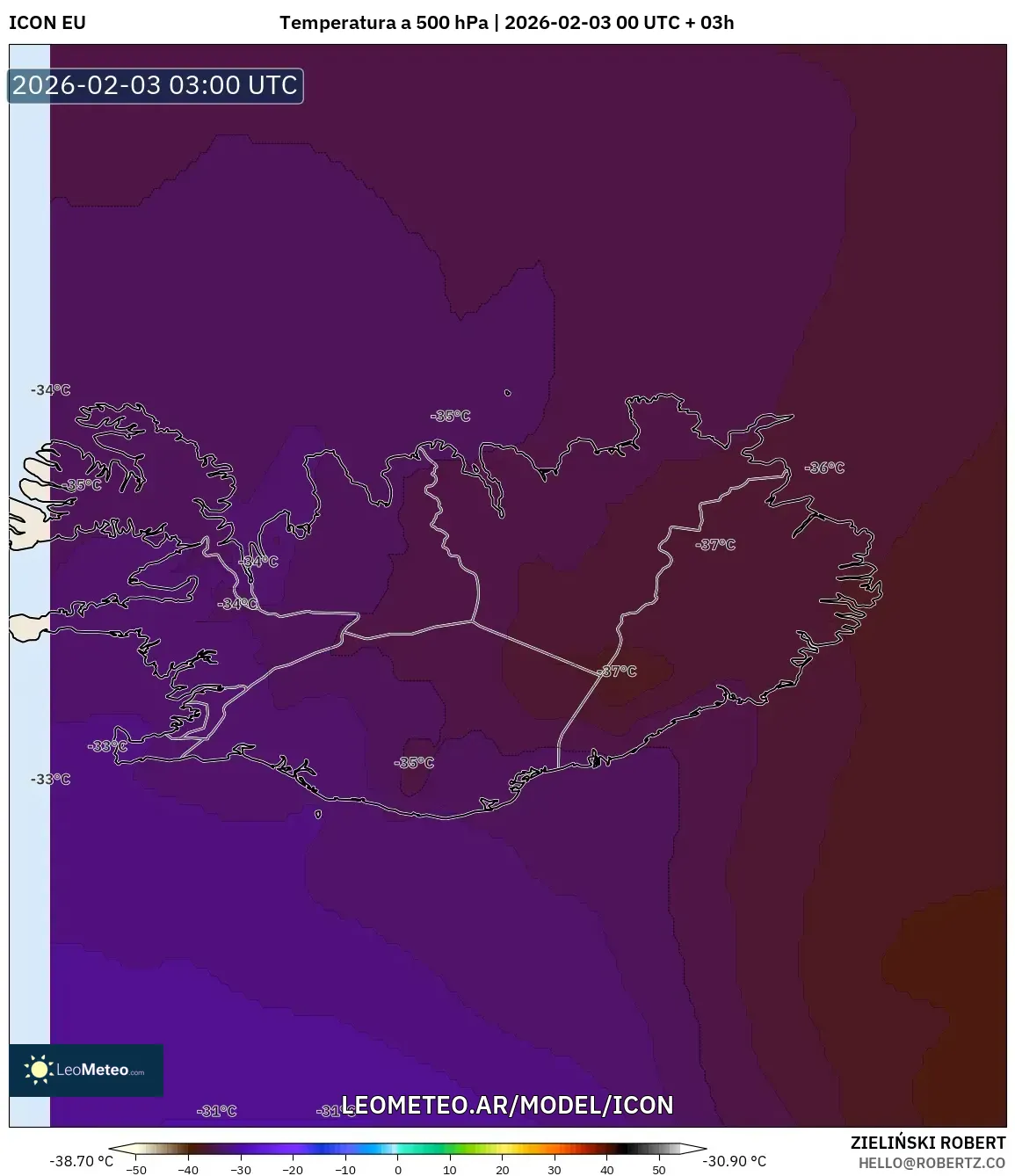 ICON model - Islandia, Temperatura a 500 hPa