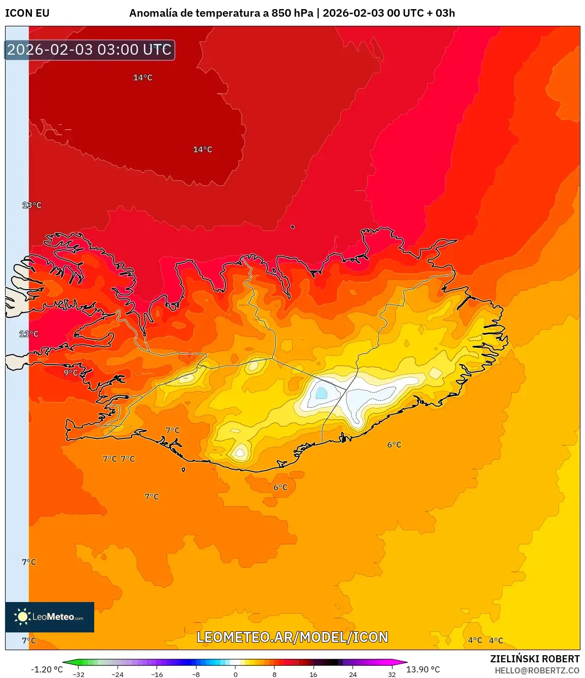 ICON model - Islandia, Anomalía de temperatura a 850 hPa