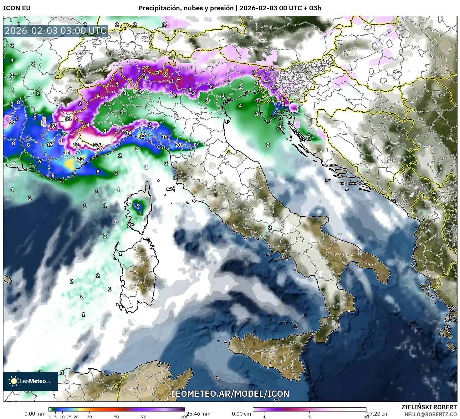 ICON model - Italia, Precipitación, nubes y presión