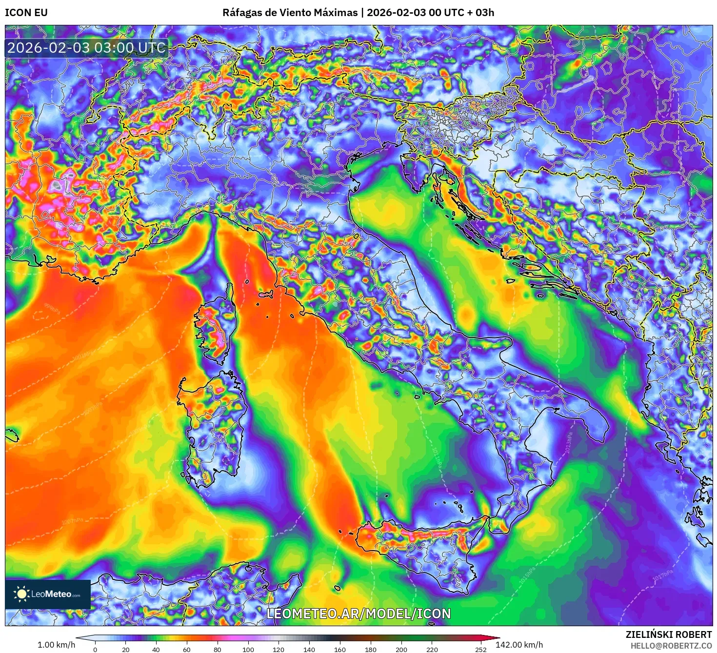 ICON model - Italia, Ráfagas de Viento Máximas