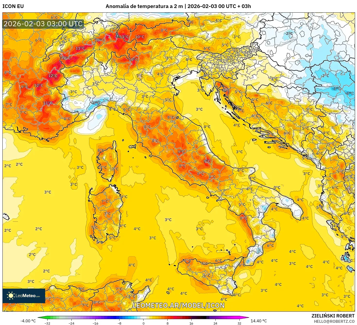 ICON model - Italia, Anomalía de temperatura a 2 m