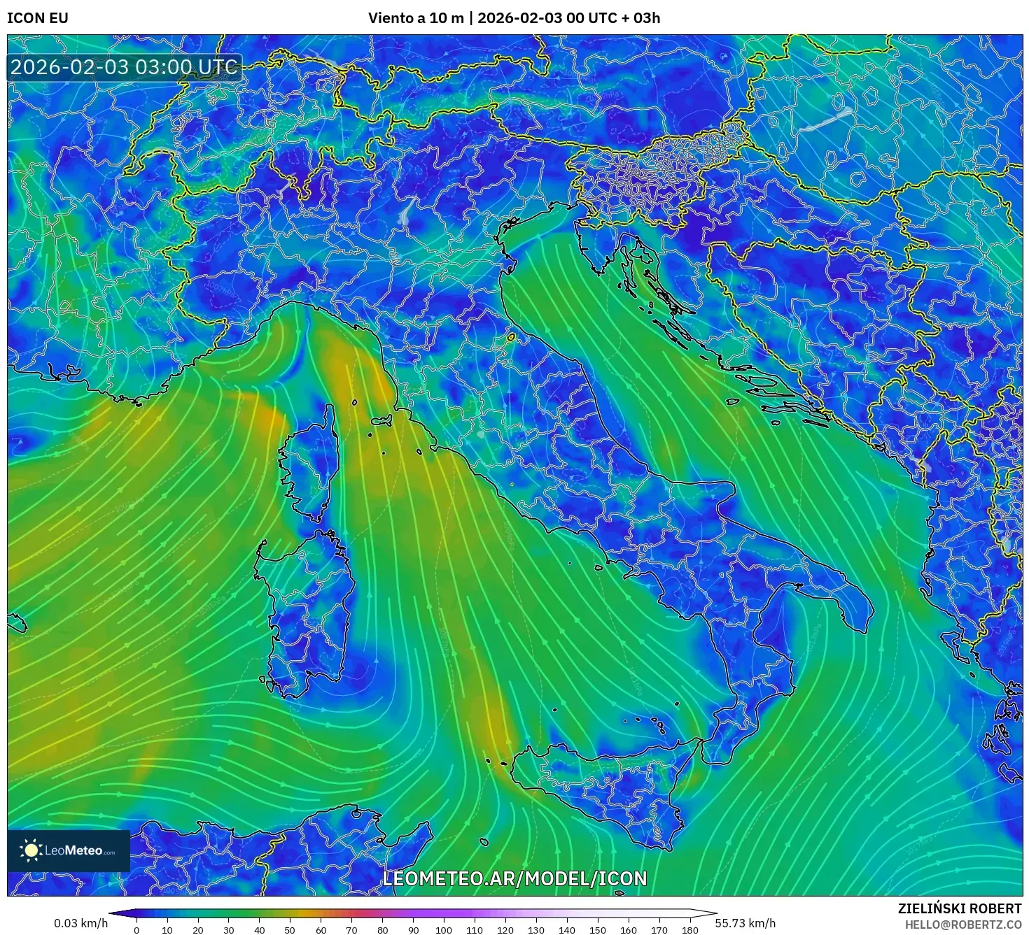 ICON model - Italia, Viento a 10 m