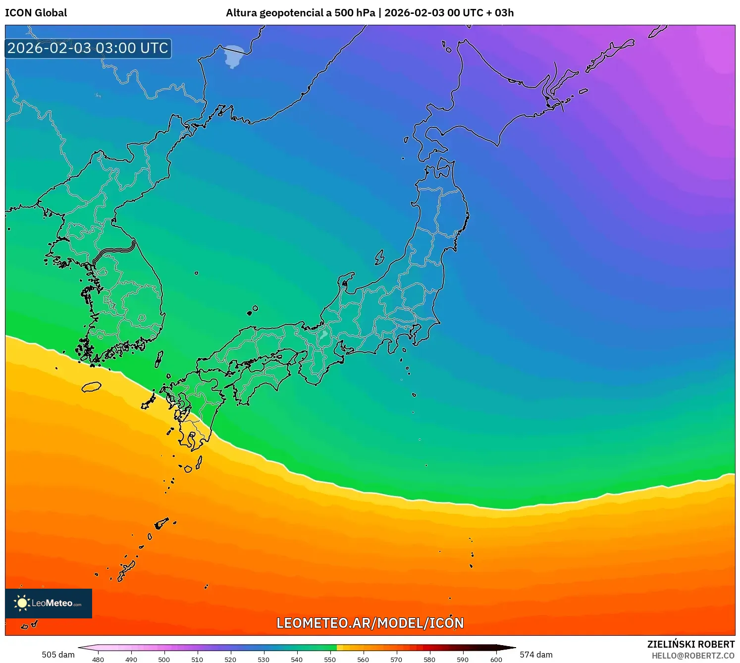 ICON model - Japón, Altura geopotencial a 500 hPa