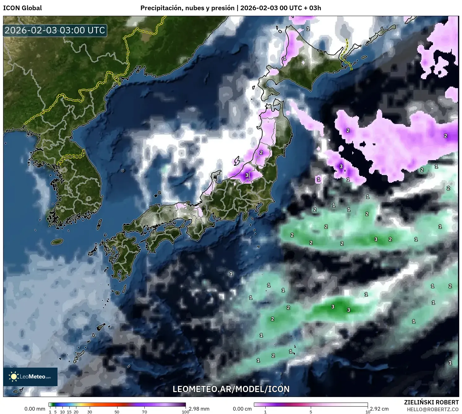 ICON model - Japón, Precipitación, nubes y presión