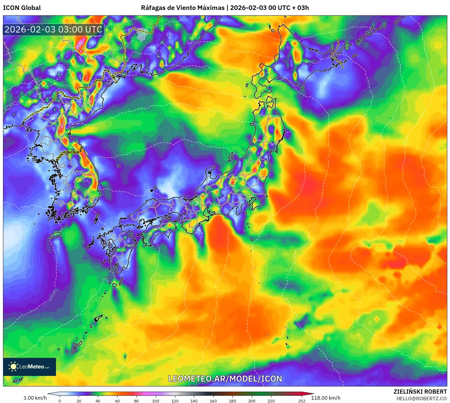ICON model - Japón, Ráfagas de Viento Máximas
