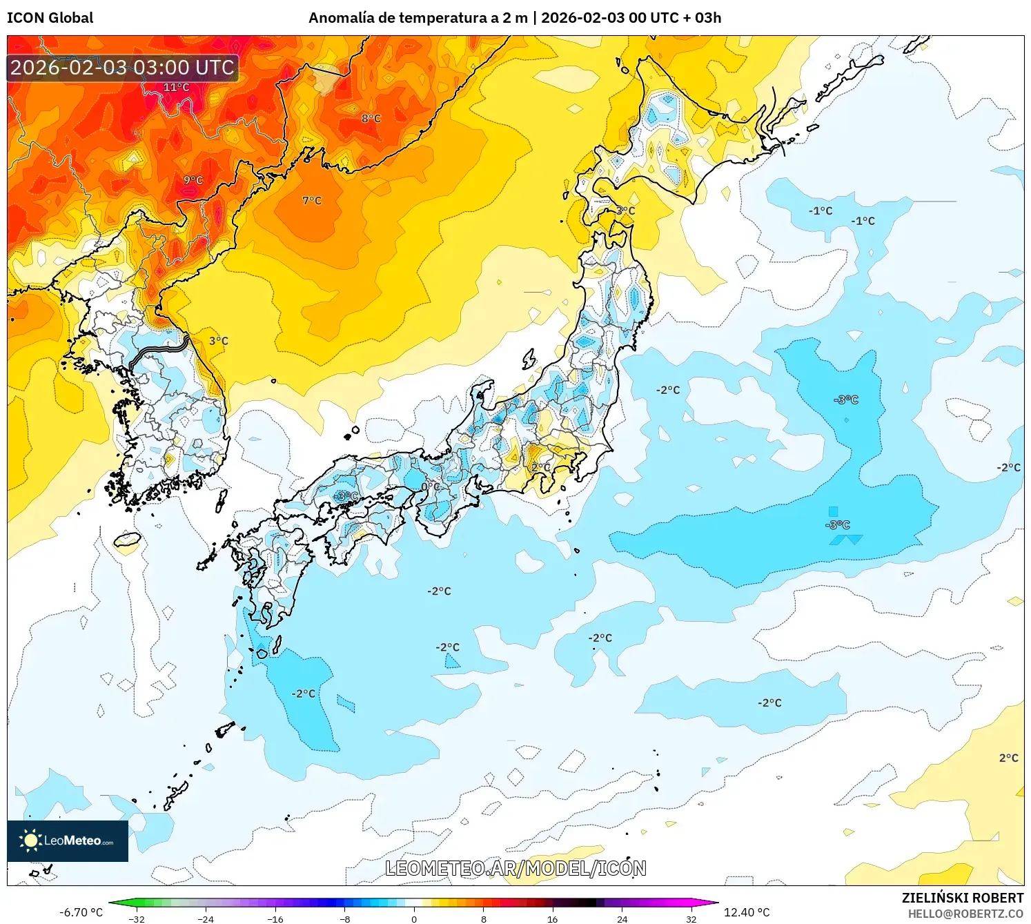 ICON model - Japón, Anomalía de temperatura a 2 m