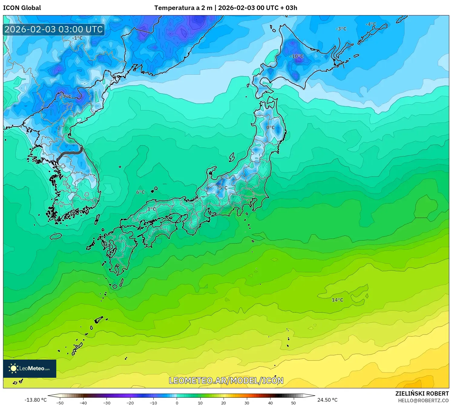 ICON model - Japón, Temperatura a 2 m