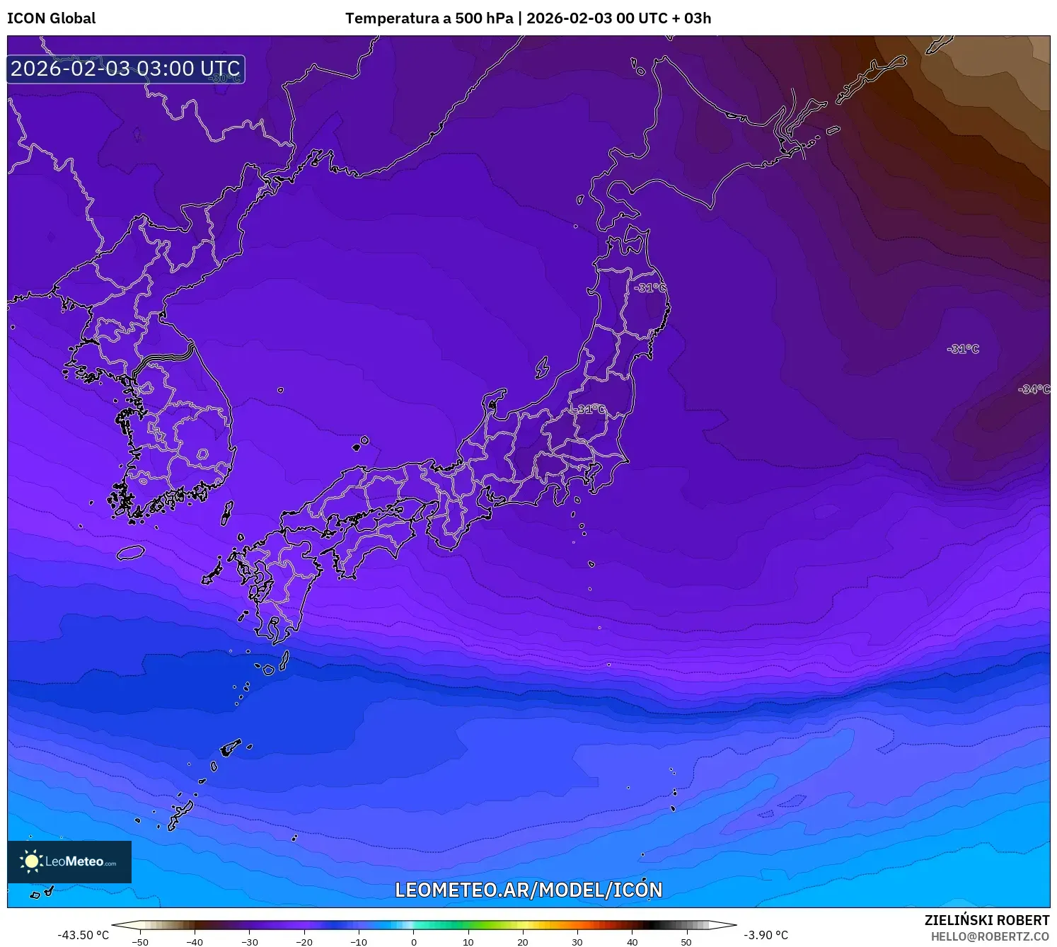 ICON model - Japón, Temperatura a 500 hPa