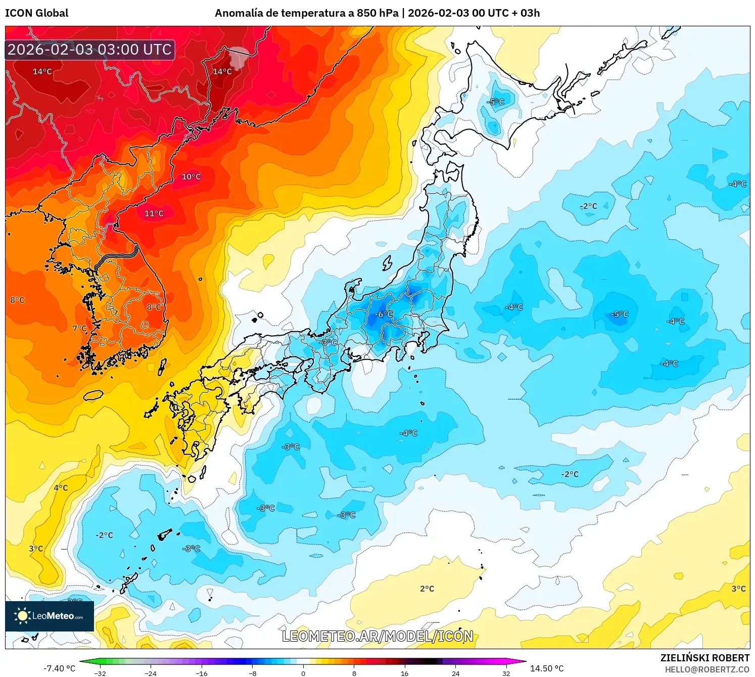 ICON model - Japón, Anomalía de temperatura a 850 hPa