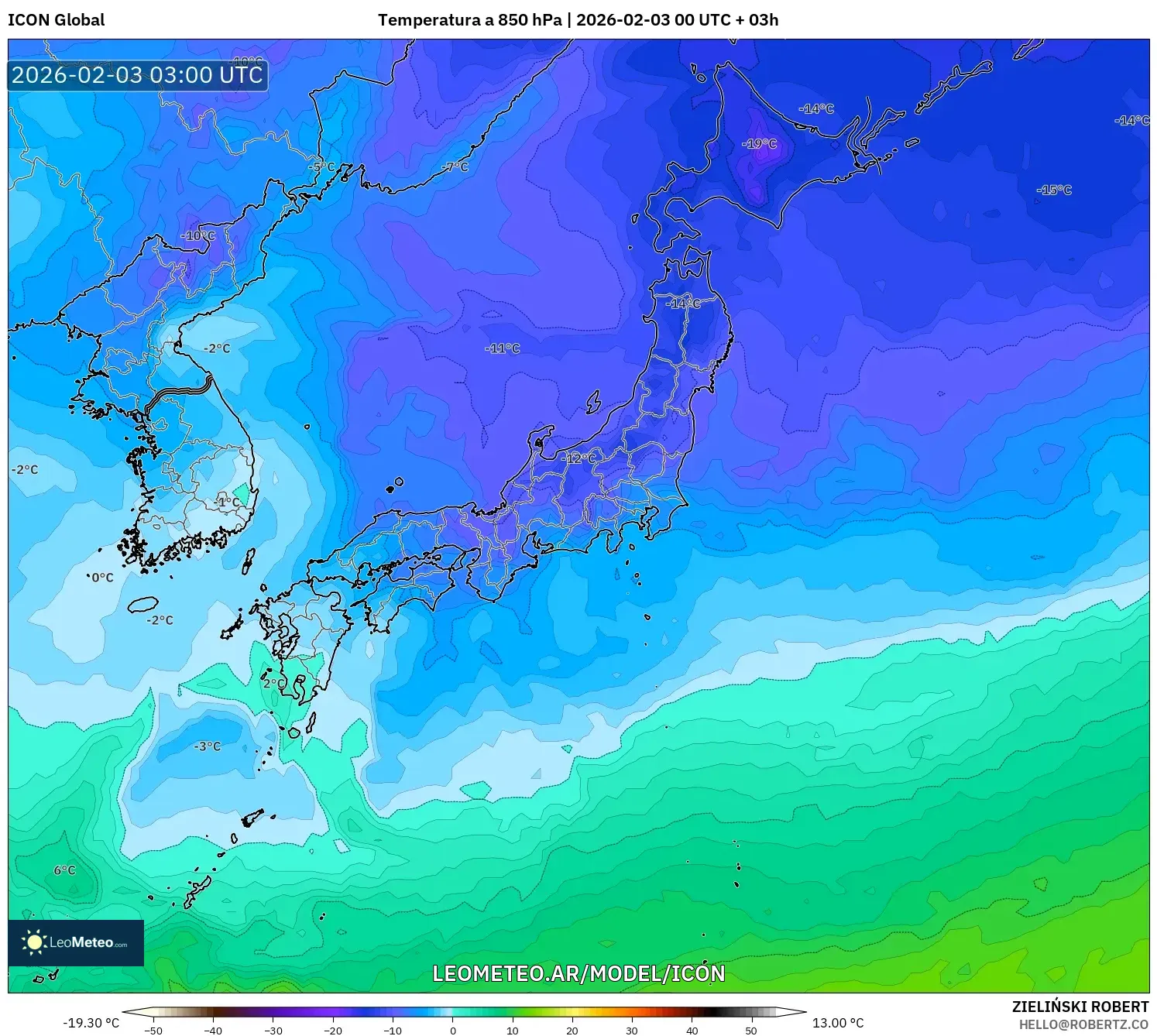 ICON model - Japón, Temperatura a 850 hPa