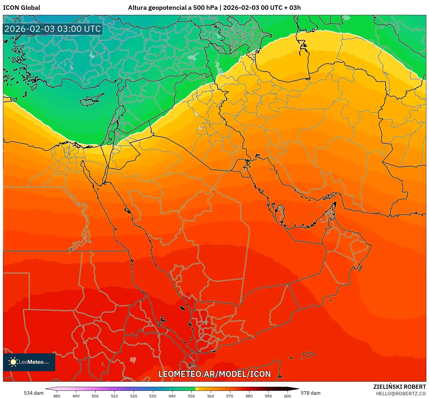 ICON model - Oriente Medio, Altura geopotencial a 500 hPa