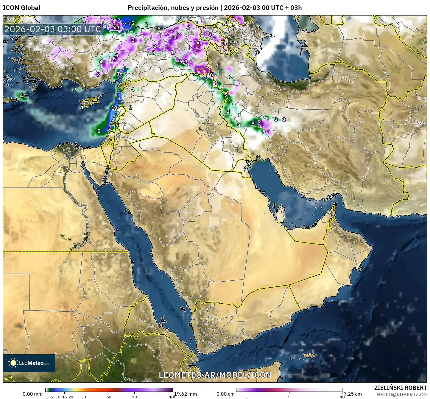 ICON model - Oriente Medio, Precipitación, nubes y presión