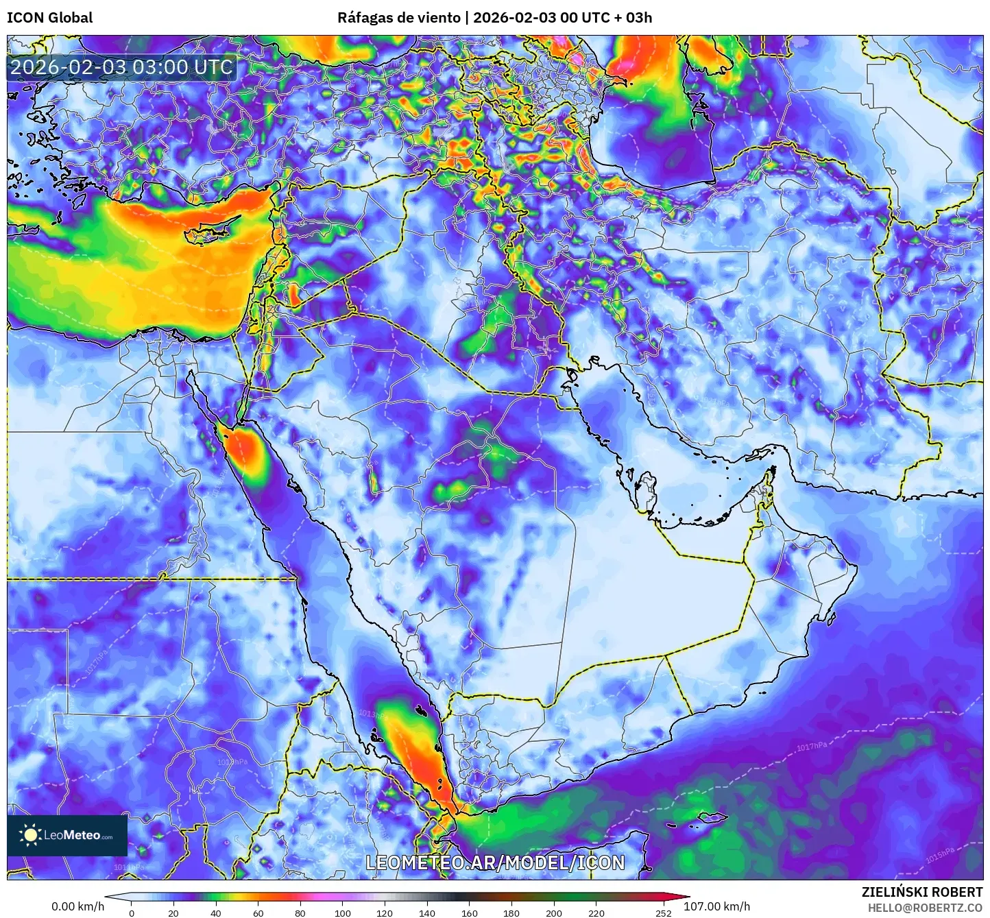 ICON model - Oriente Medio, Ráfagas de viento