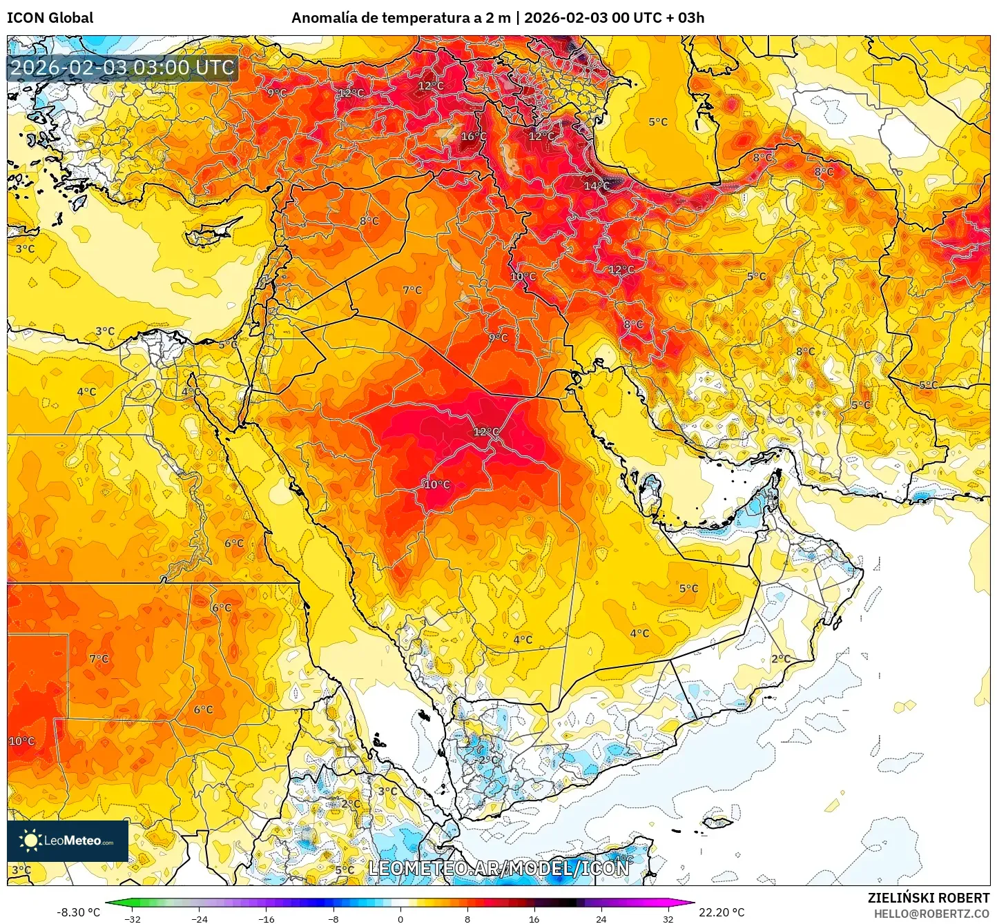 ICON model - Oriente Medio, Anomalía de temperatura a 2 m