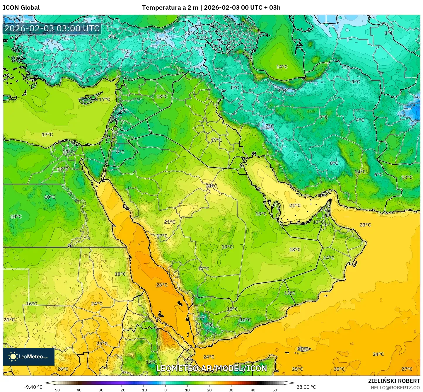 ICON model - Oriente Medio, Temperatura a 2 m