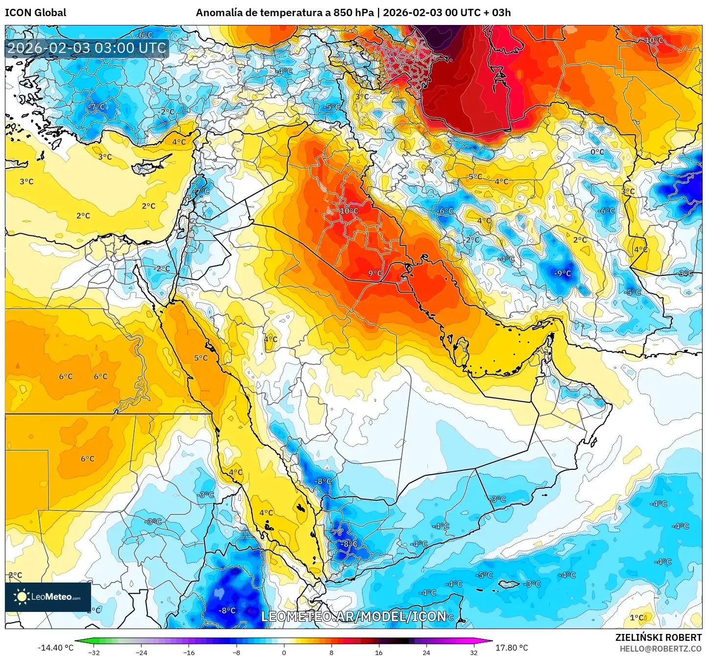 ICON model - Oriente Medio, Anomalía de temperatura a 850 hPa