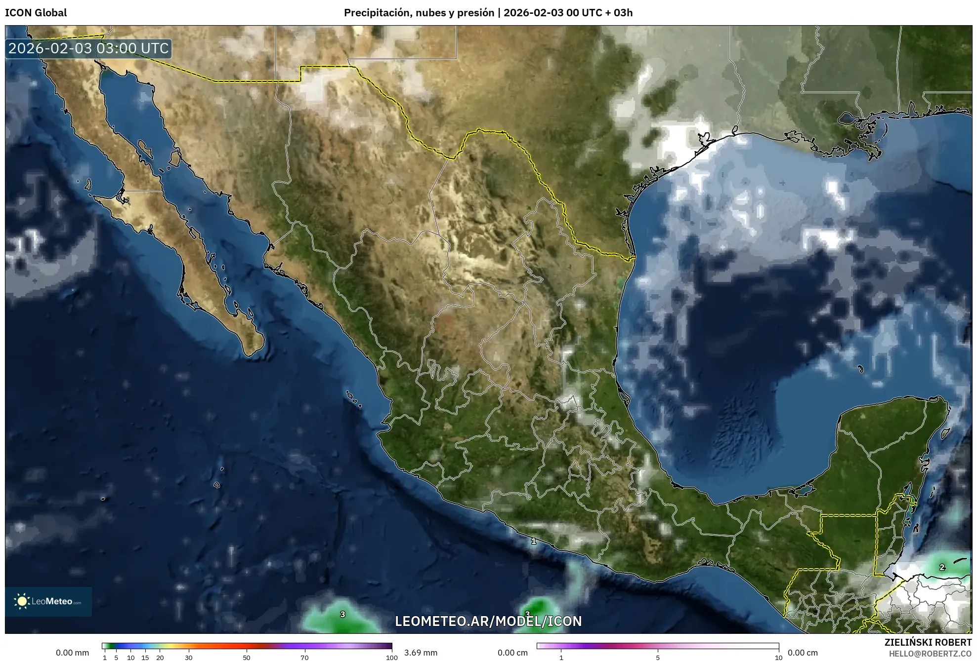ICON model - México, Precipitación, nubes y presión