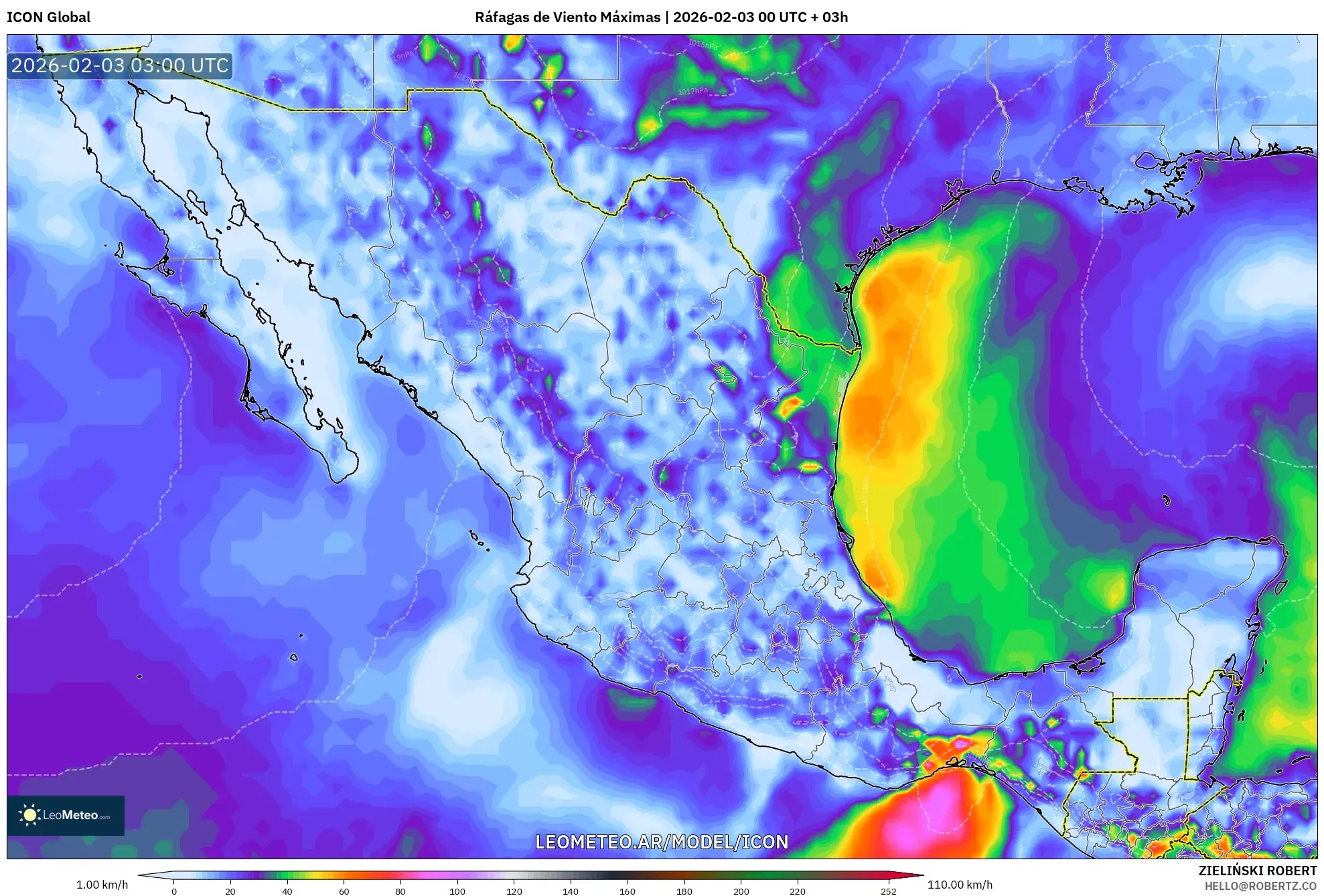ICON model - México, Ráfagas de Viento Máximas