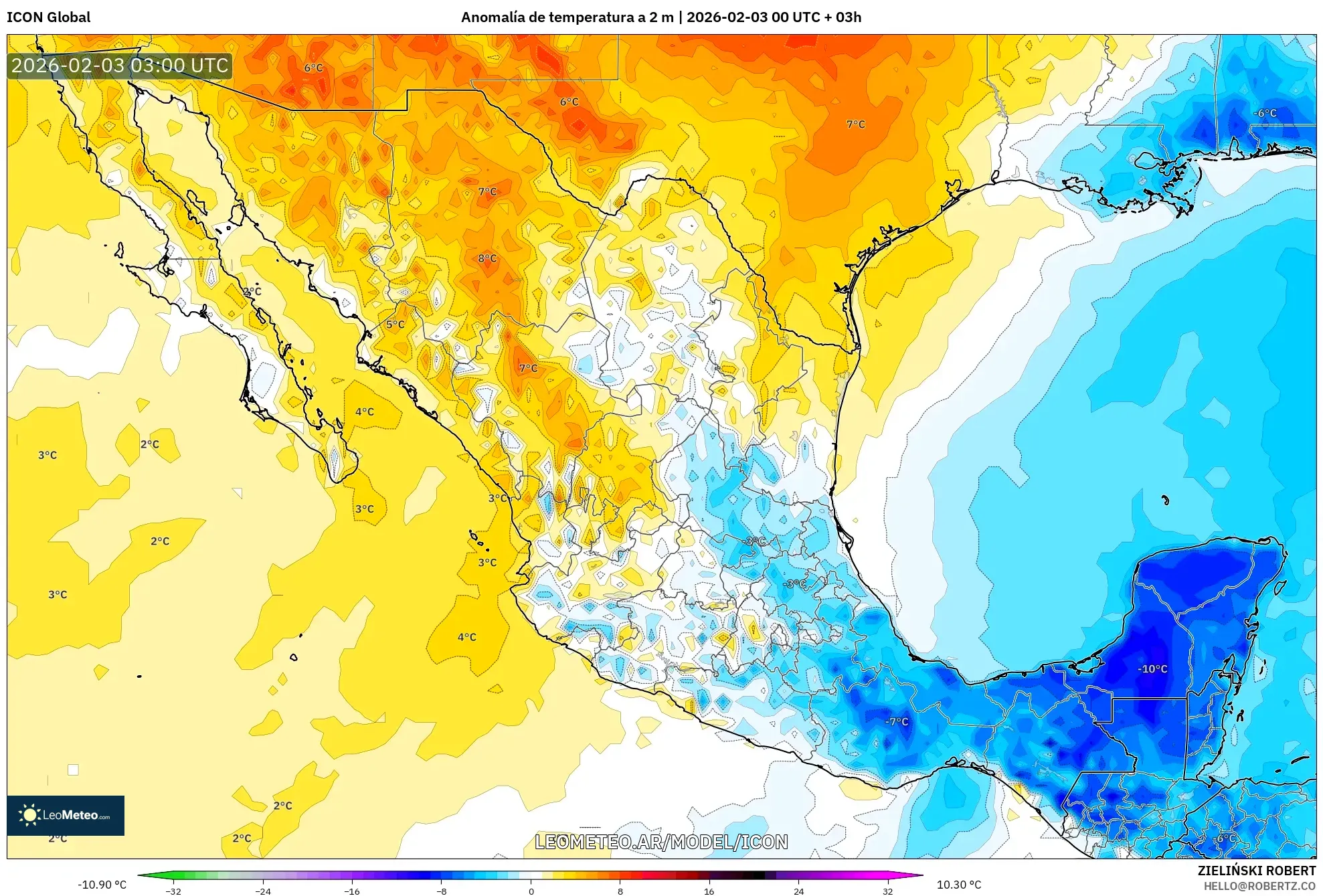 ICON model - México, Anomalía de temperatura a 2 m