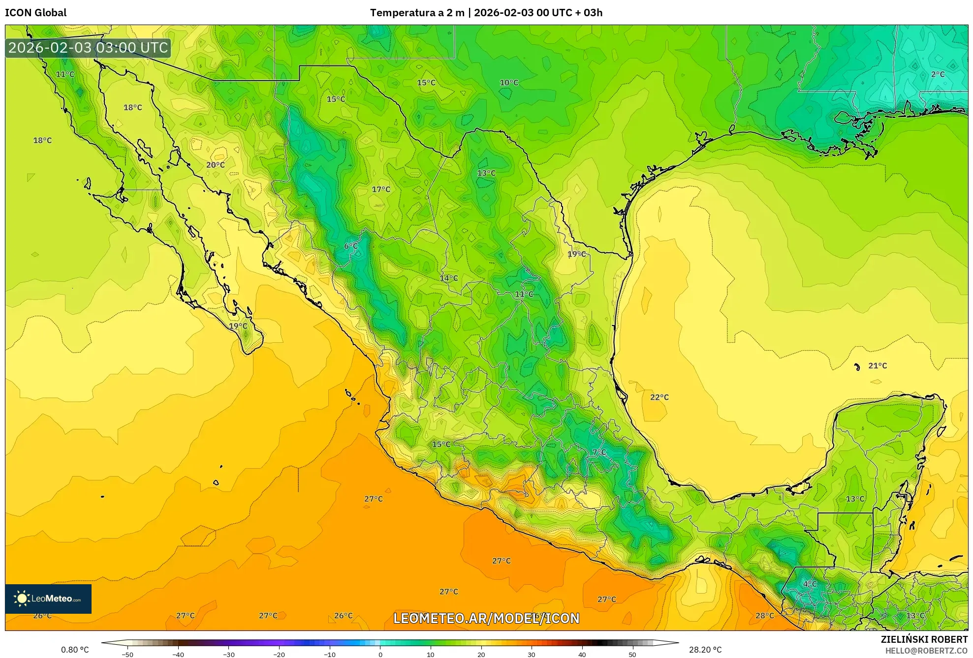 ICON model - México, Temperatura a 2 m