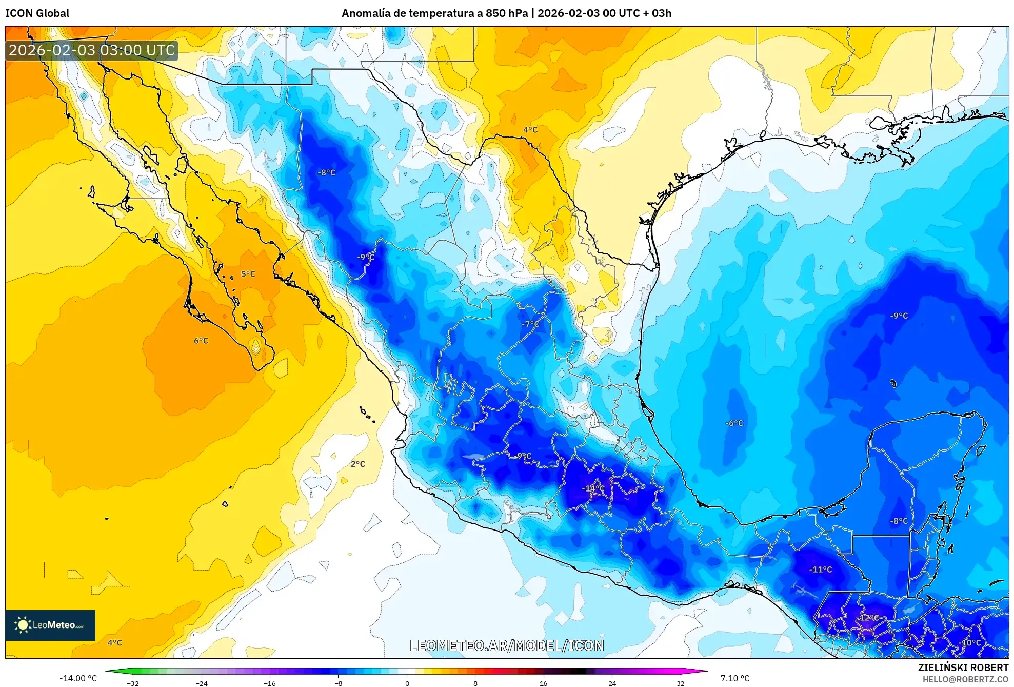 ICON model - México, Anomalía de temperatura a 850 hPa