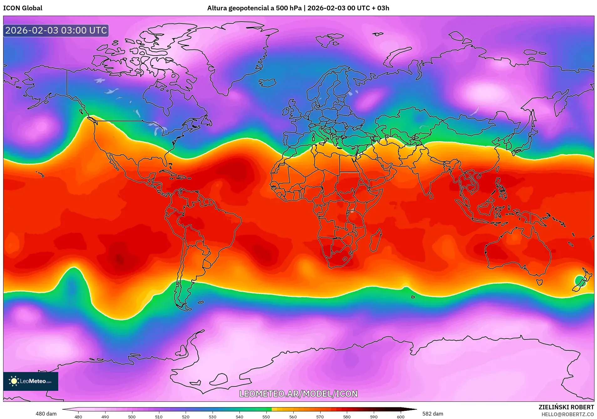 ICON model - Mundo, Altura geopotencial a 500 hPa