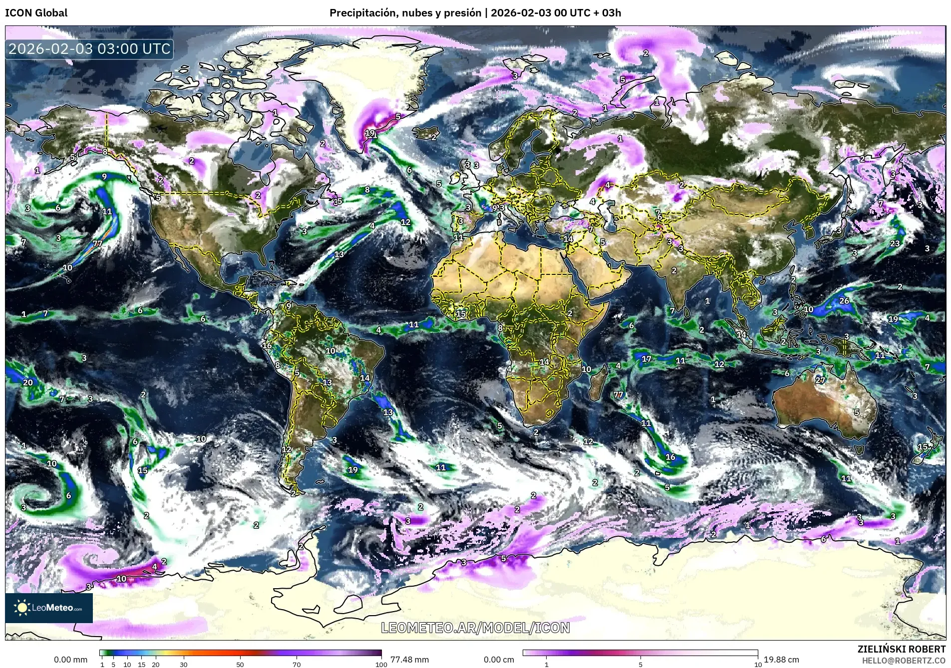 ICON model - Mundo, Precipitación, nubes y presión