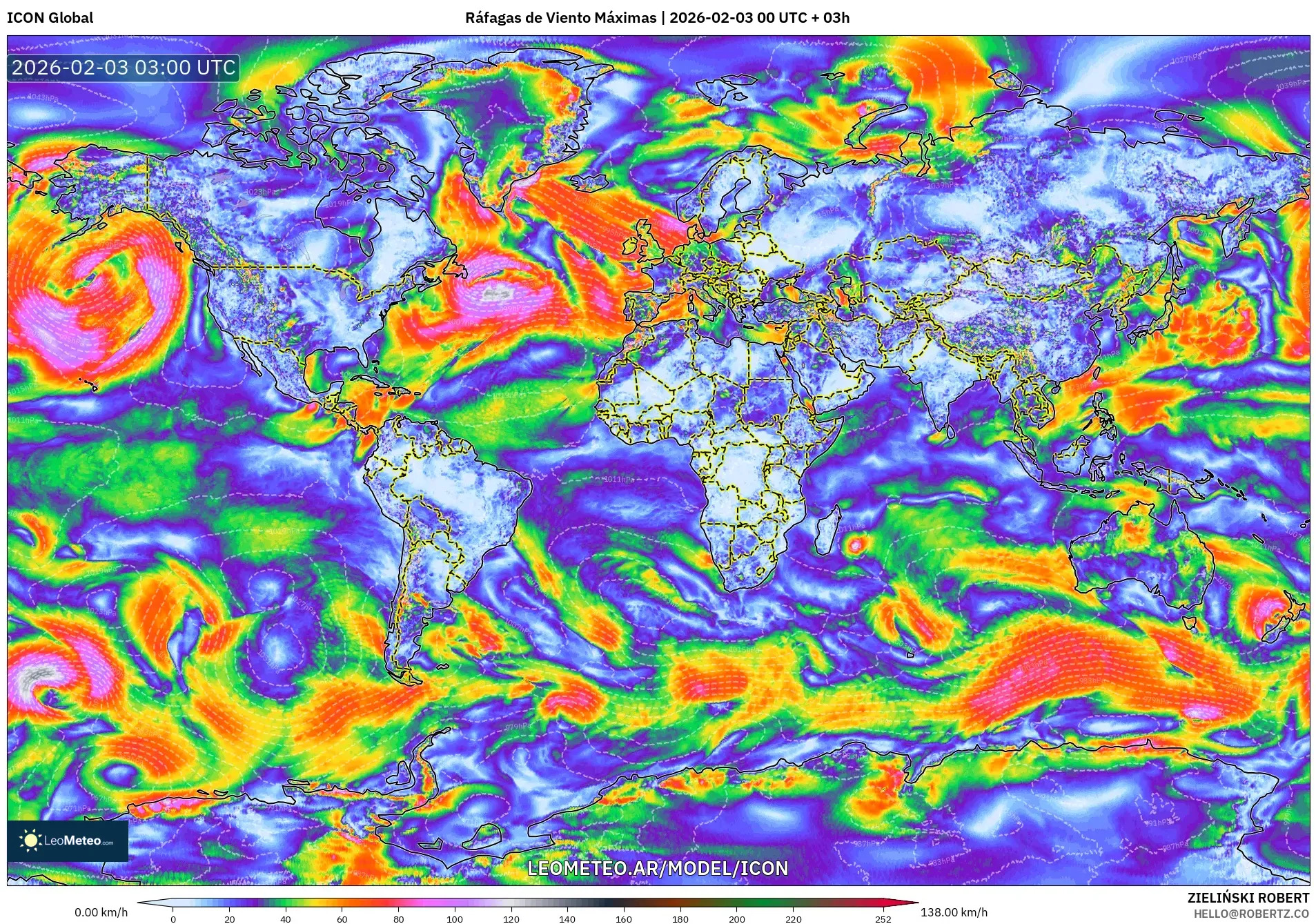 ICON model - Mundo, Ráfagas de Viento Máximas