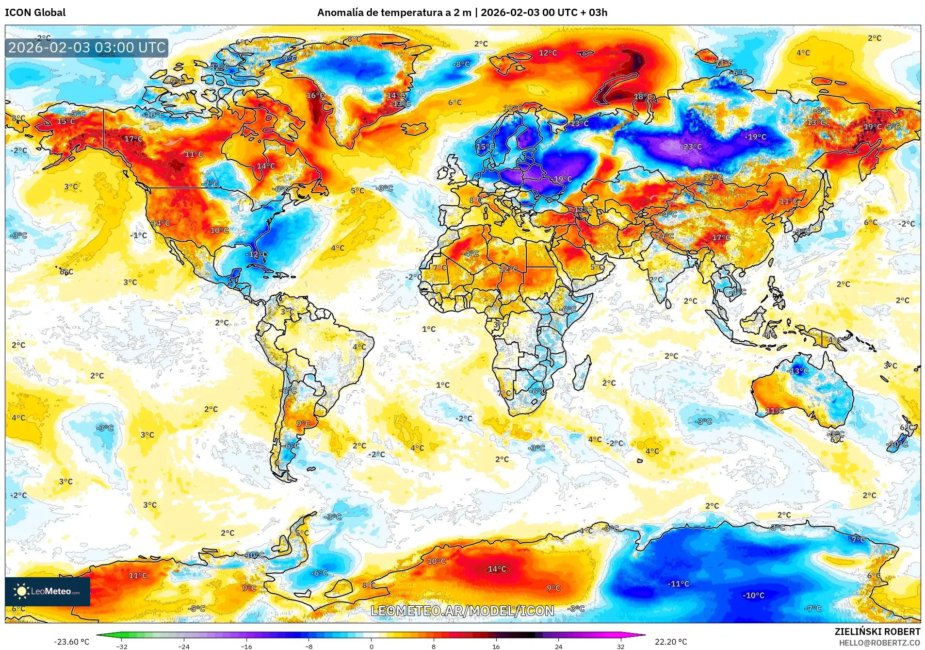 ICON model - Mundo, Anomalía de temperatura a 2 m
