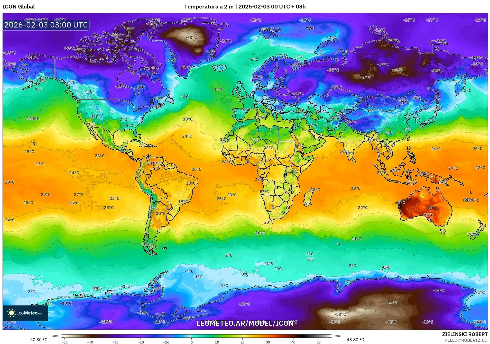 ICON model - Mundo, Temperatura a 2 m