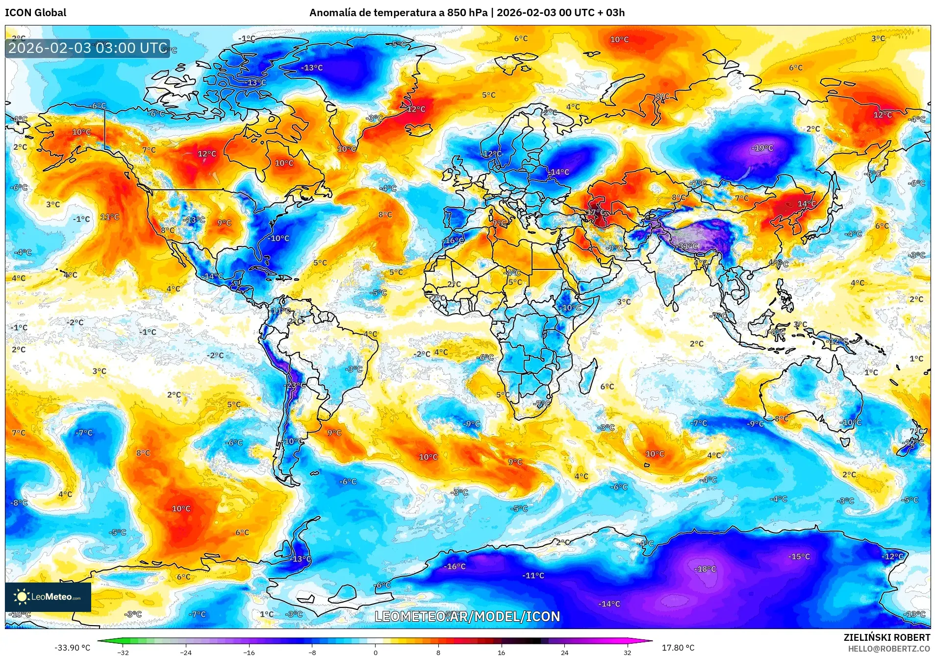 ICON model - Mundo, Anomalía de temperatura a 850 hPa