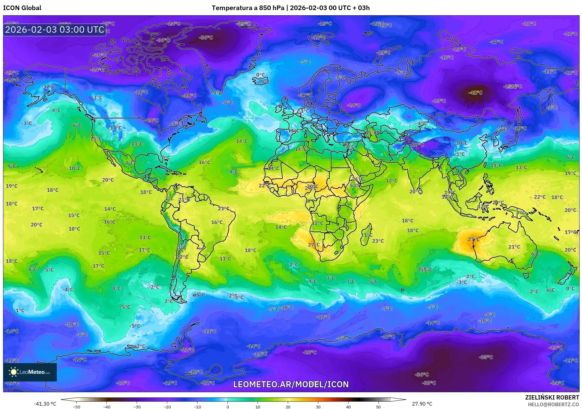 ICON model - Mundo, Temperatura a 850 hPa