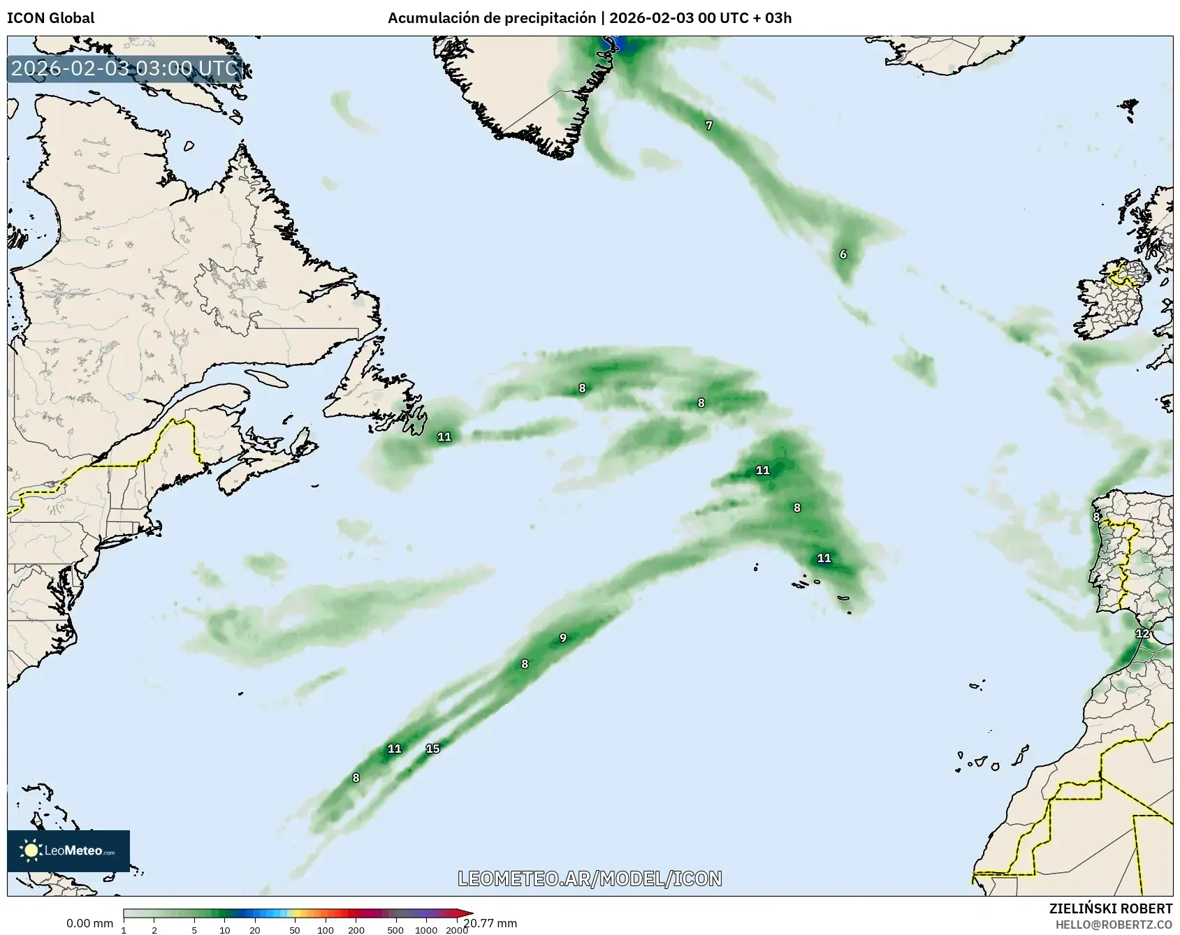 ICON model - Norte Atlántico, Acumulación de precipitación