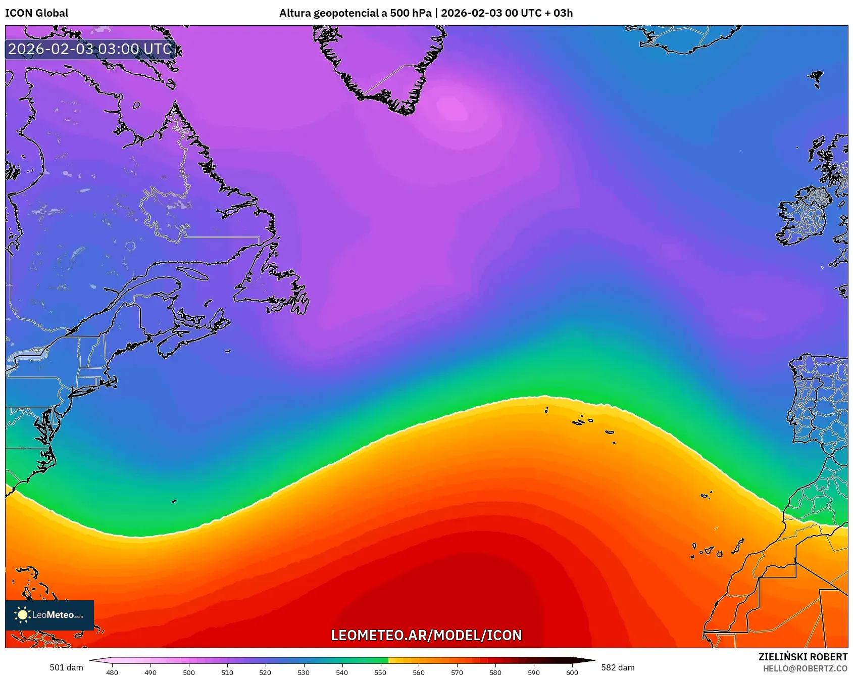 ICON model - Norte Atlántico, Altura geopotencial a 500 hPa