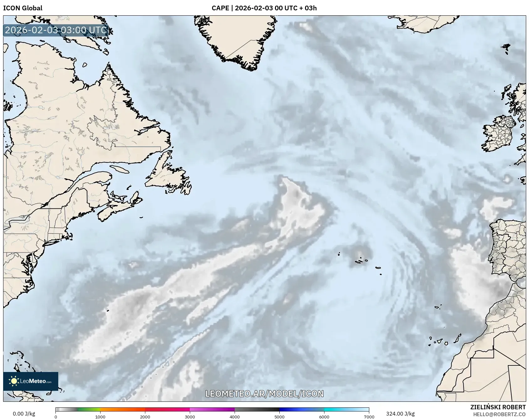 ICON model - Norte Atlántico, CAPE