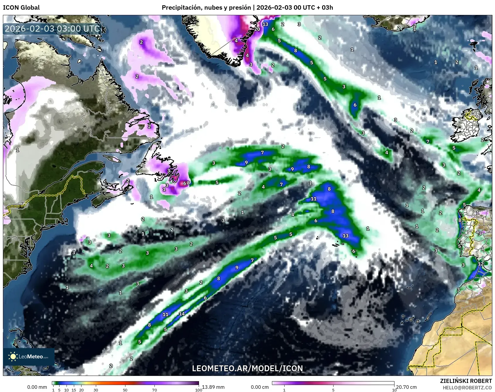 ICON model - Norte Atlántico, Precipitación, nubes y presión
