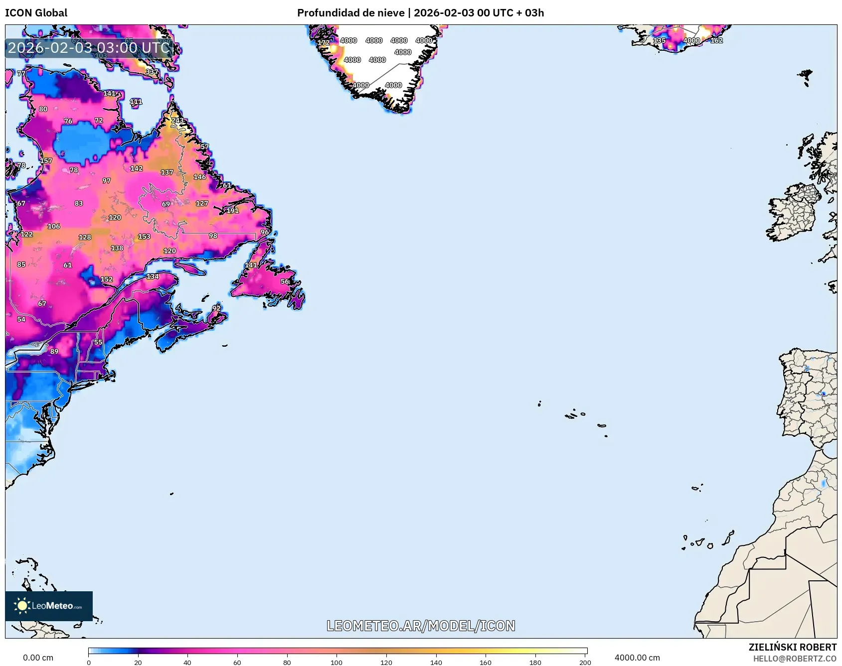 ICON model - Norte Atlántico, Profundidad de nieve