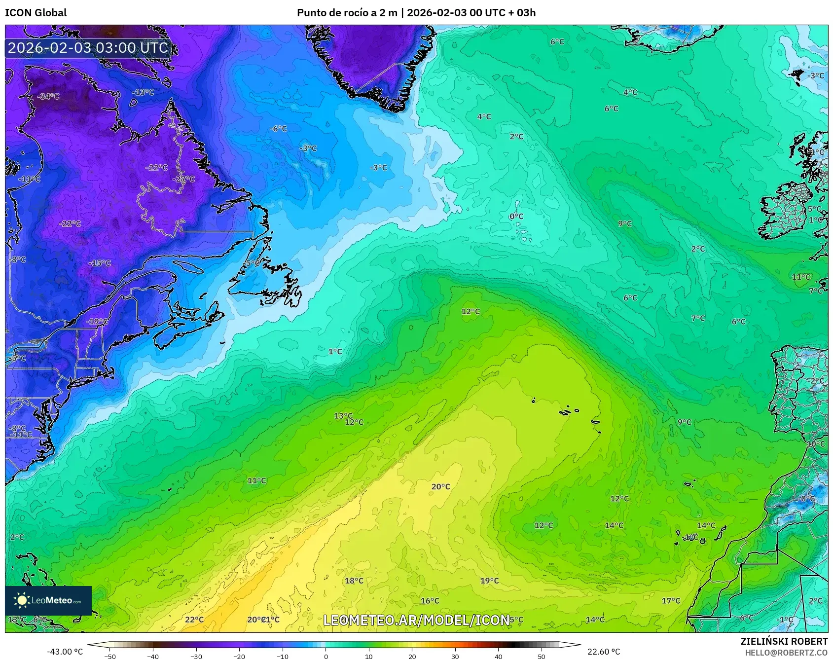 ICON model - Norte Atlántico, Punto de rocío a 2 m