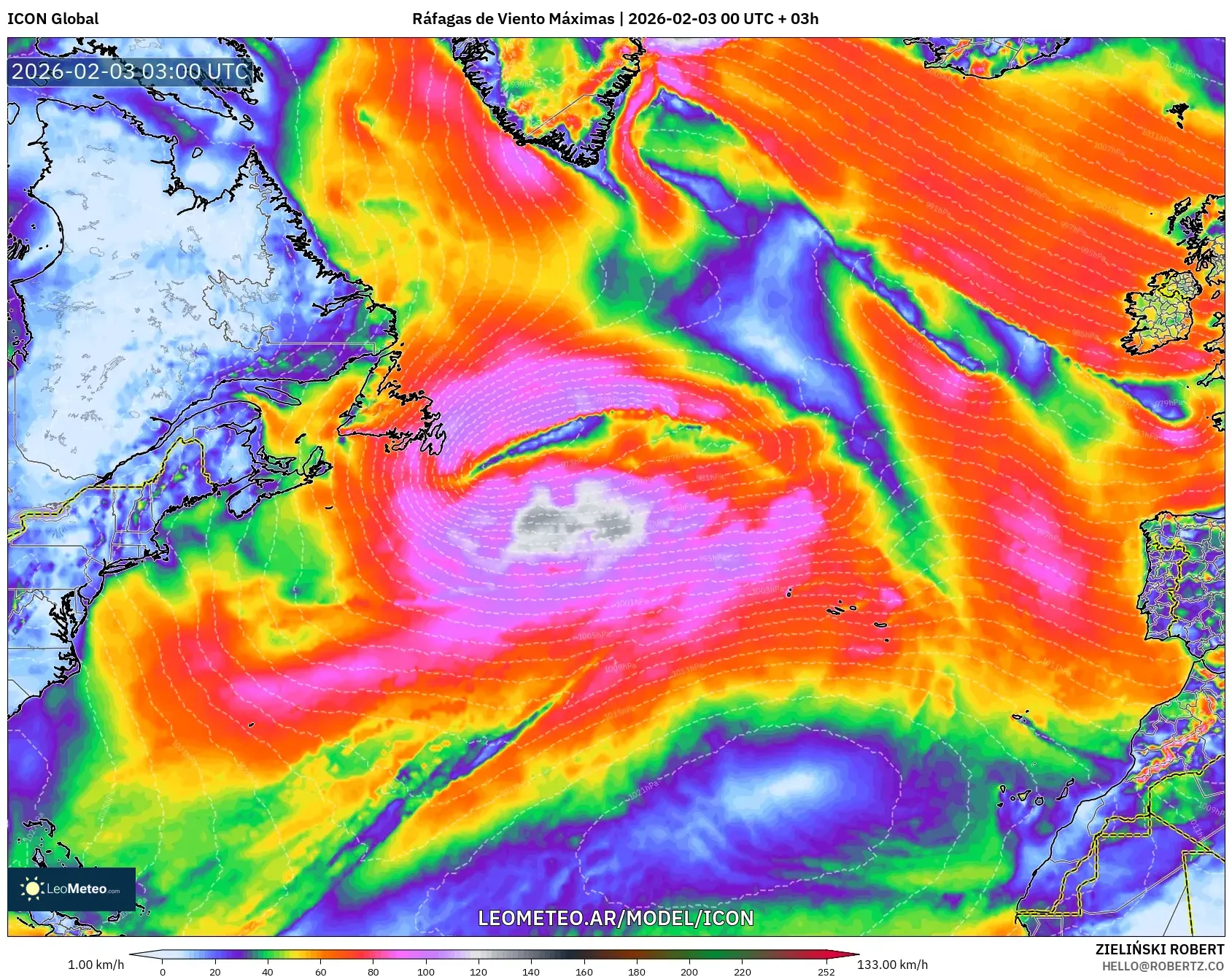 ICON model - Norte Atlántico, Ráfagas de Viento Máximas