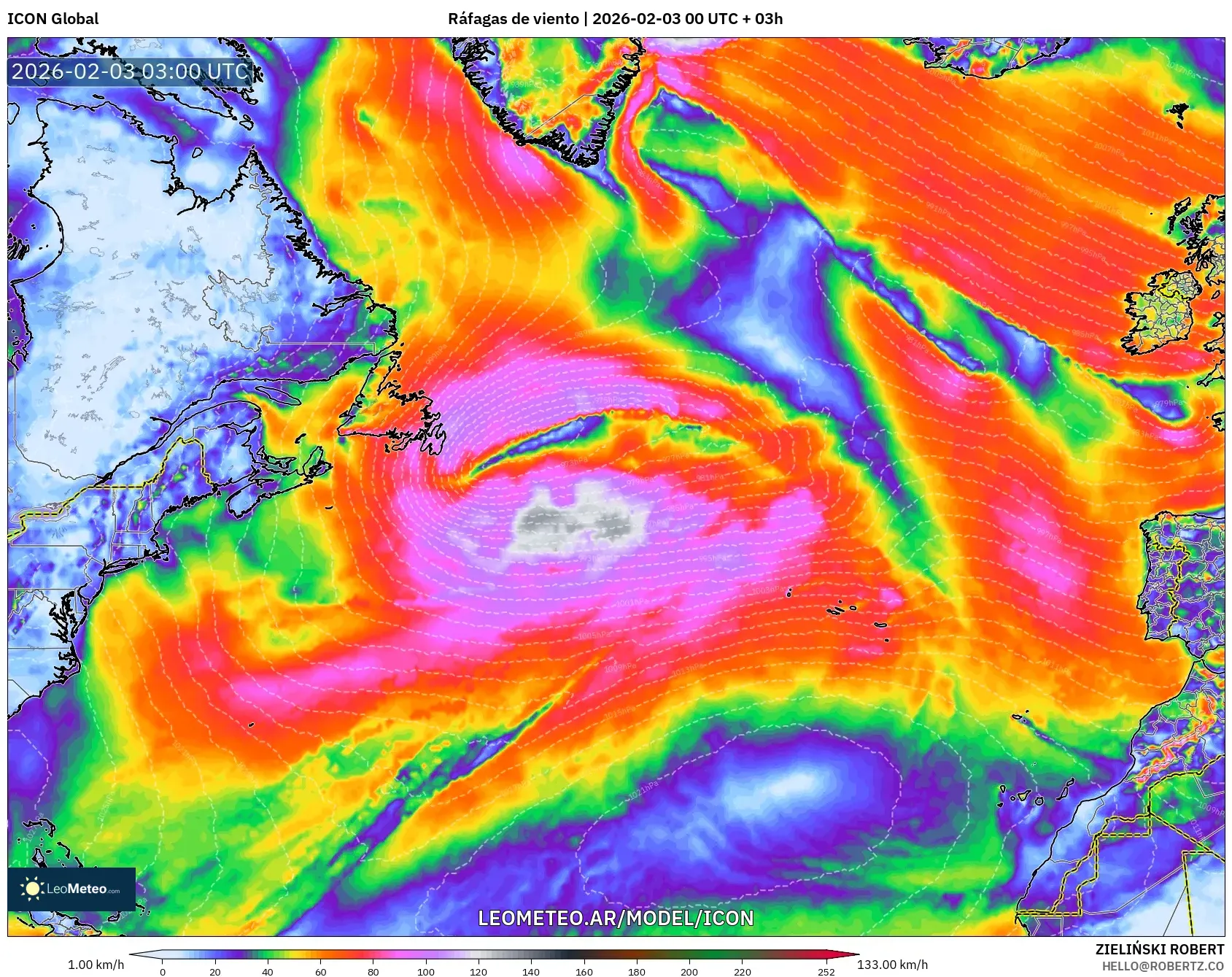 ICON model - Norte Atlántico, Ráfagas de viento