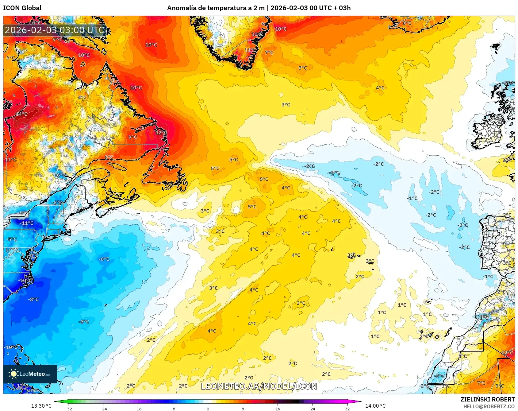 ICON model - Norte Atlántico, Anomalía de temperatura a 2 m