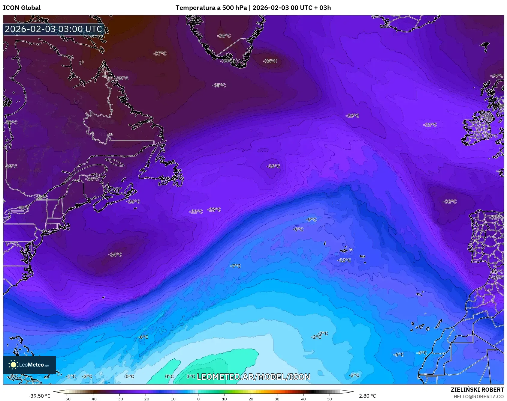 ICON model - Norte Atlántico, Temperatura a 500 hPa