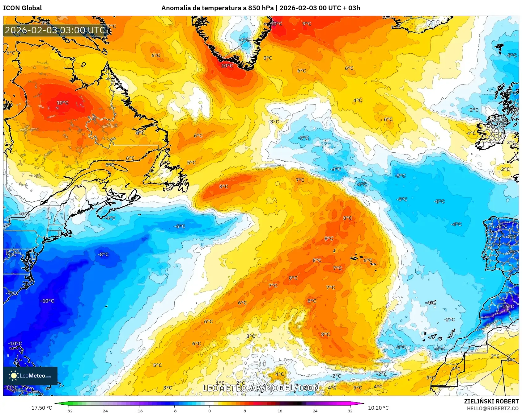 ICON model - Norte Atlántico, Anomalía de temperatura a 850 hPa