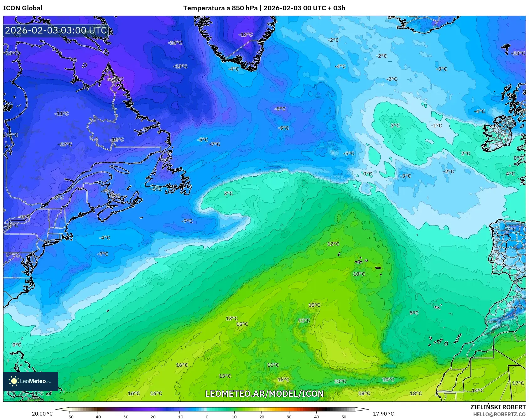 ICON model - Norte Atlántico, Temperatura a 850 hPa
