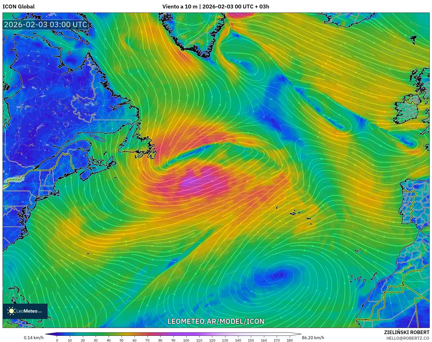 ICON model - Norte Atlántico, Viento a 10 m