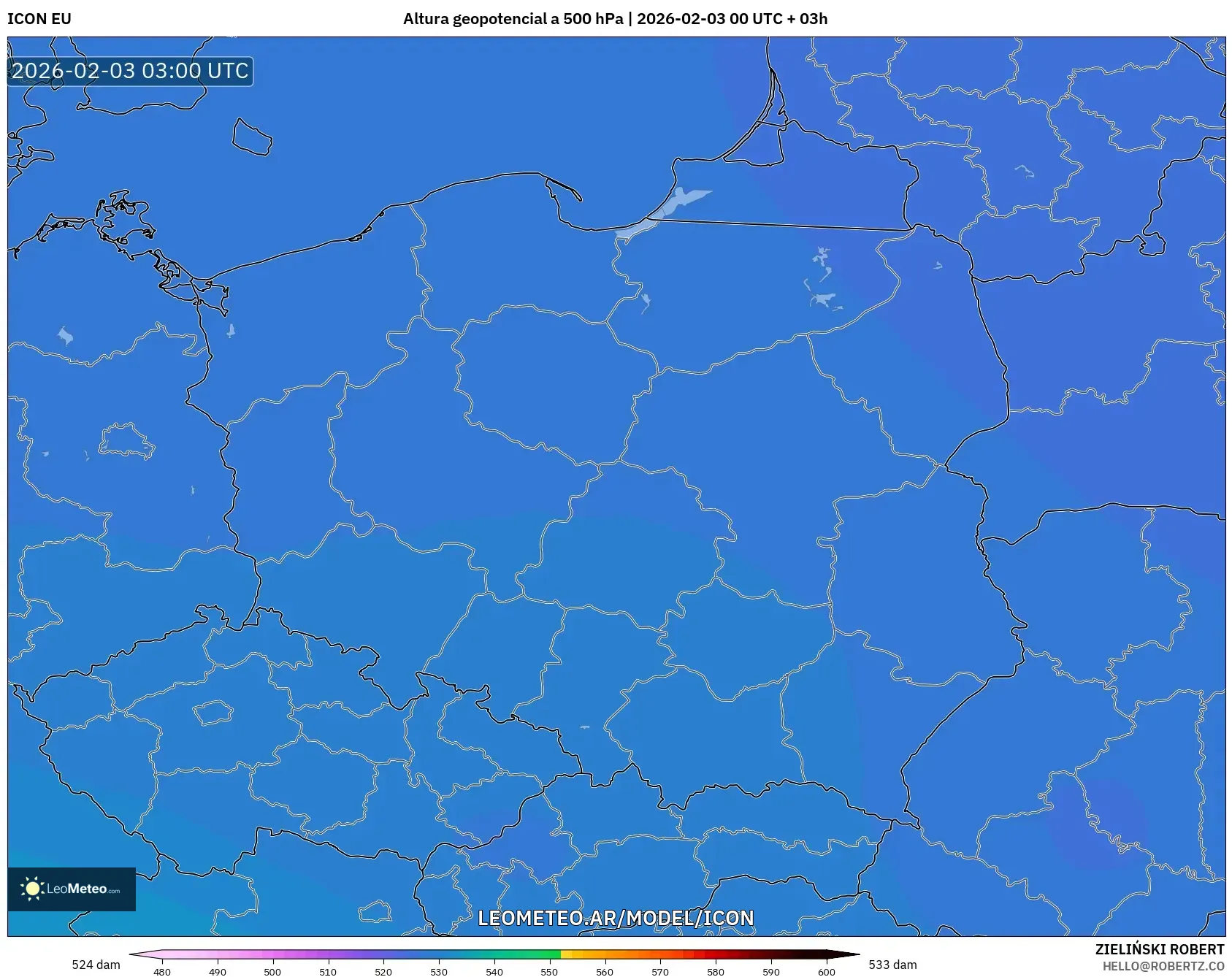 ICON model - Polonia, Altura geopotencial a 500 hPa