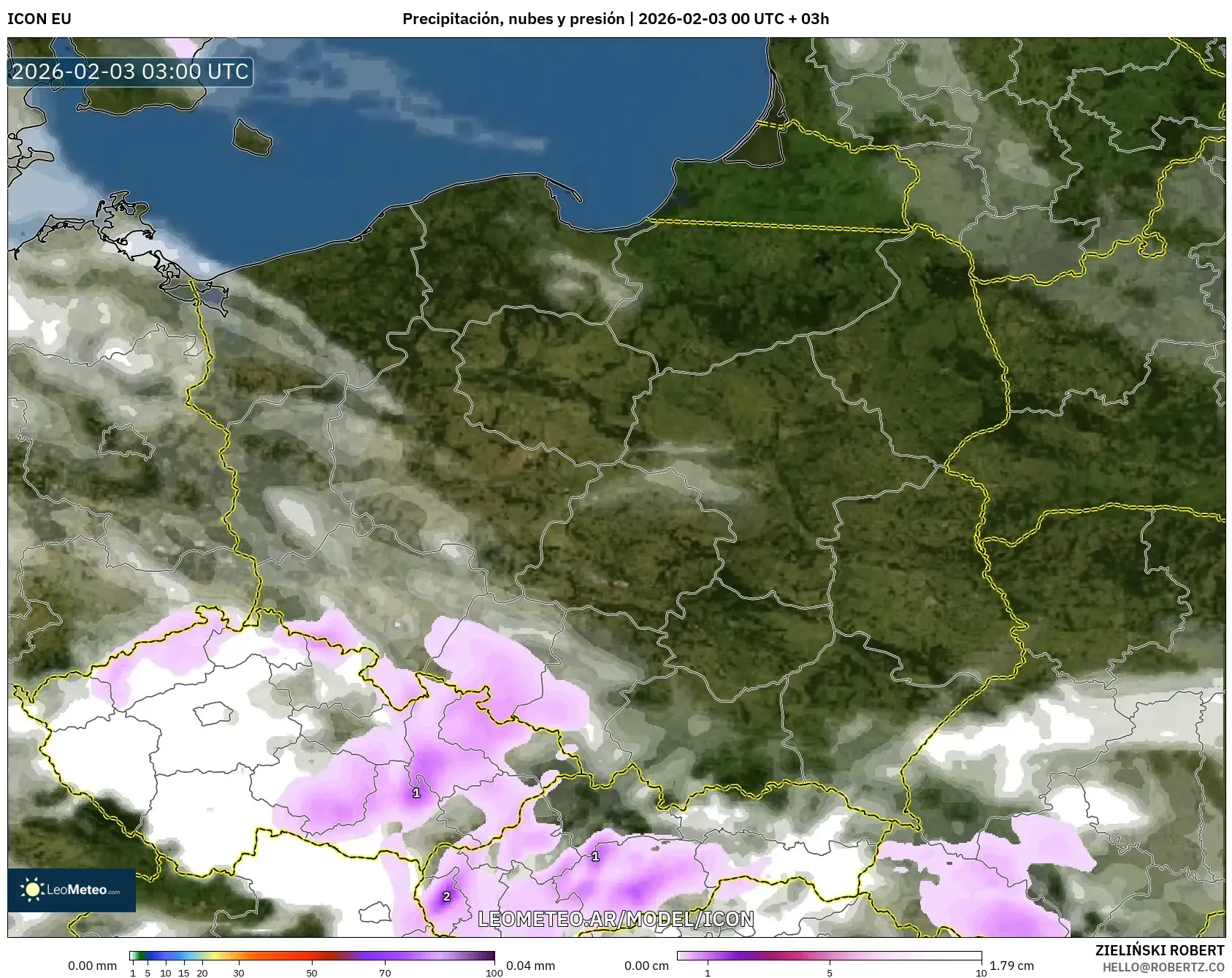 ICON model - Polonia, Precipitación, nubes y presión