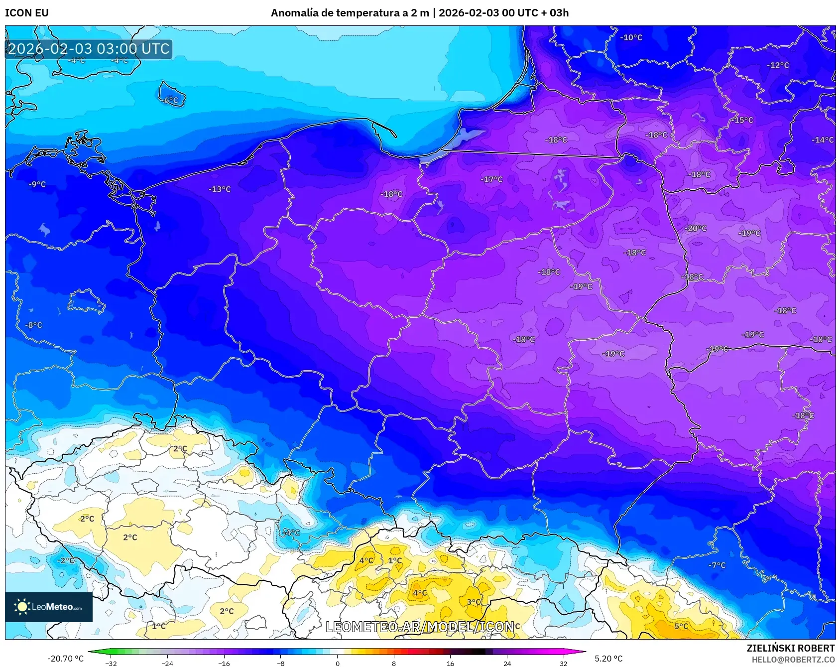 ICON model - Polonia, Anomalía de temperatura a 2 m